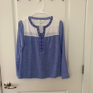 Vineyard Vines Blue and White Embroidered Linen Cotton Popover Blouse XXS